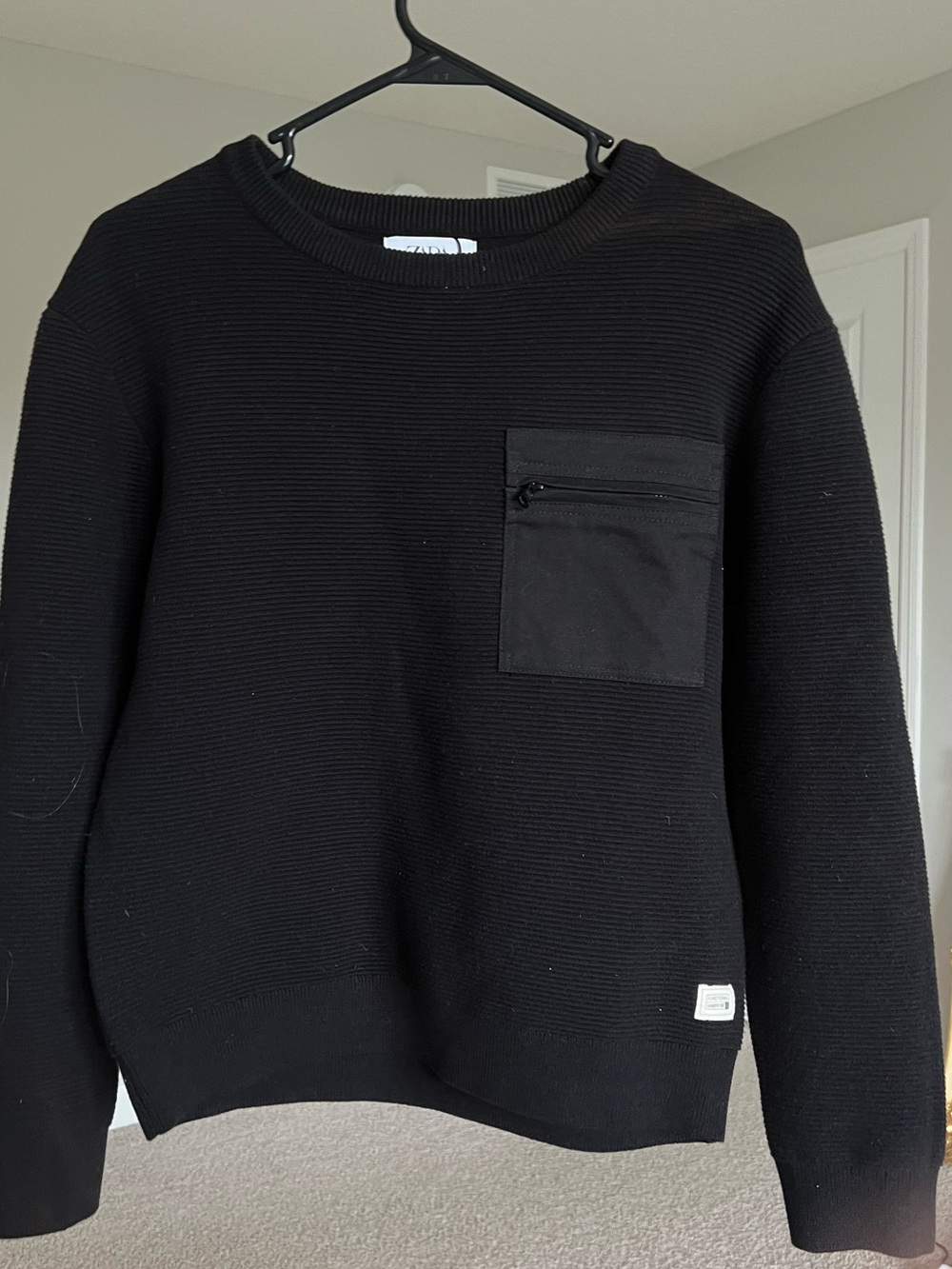 ZARA Black Ribbed Crewneck Sweater with Chest Pocket